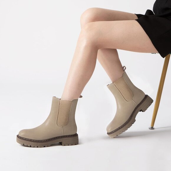 Athlefit Women Khaki Chelsea Wedge Platform Slip on Lug Sole Elastic Ankle Boot - Picture 6 of 6